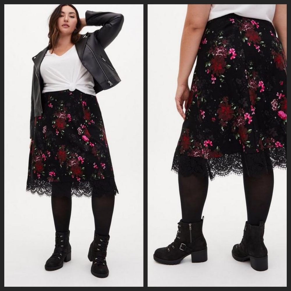 Torrid Black Floral Premium Ponte Lace Midi Skirt 2X NWT